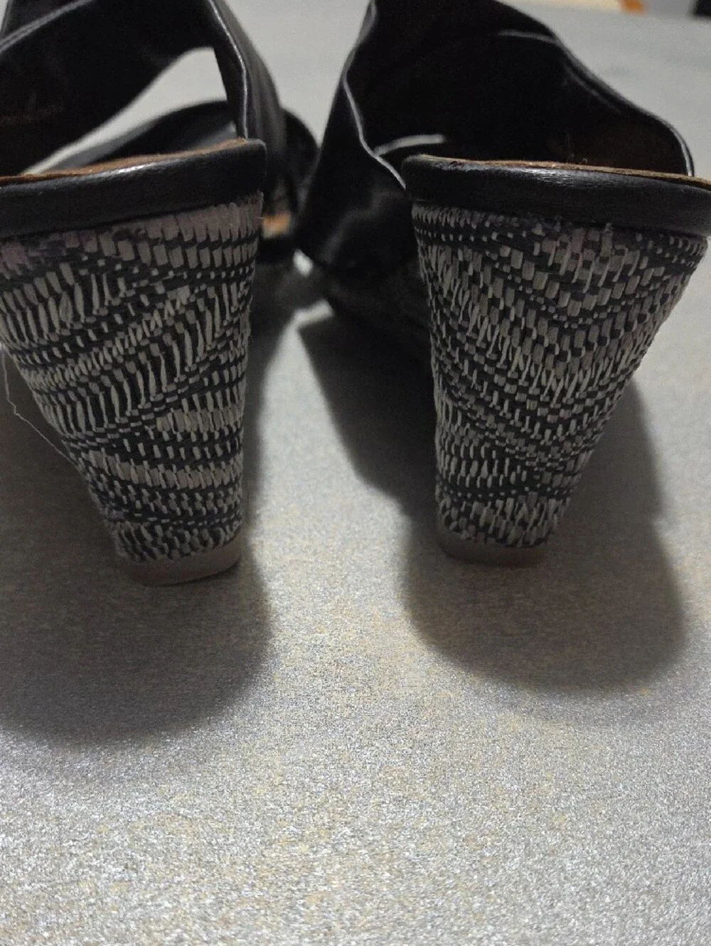 Blowfish Black Crossband Wedge Slides with Patterned Espadrille Heel